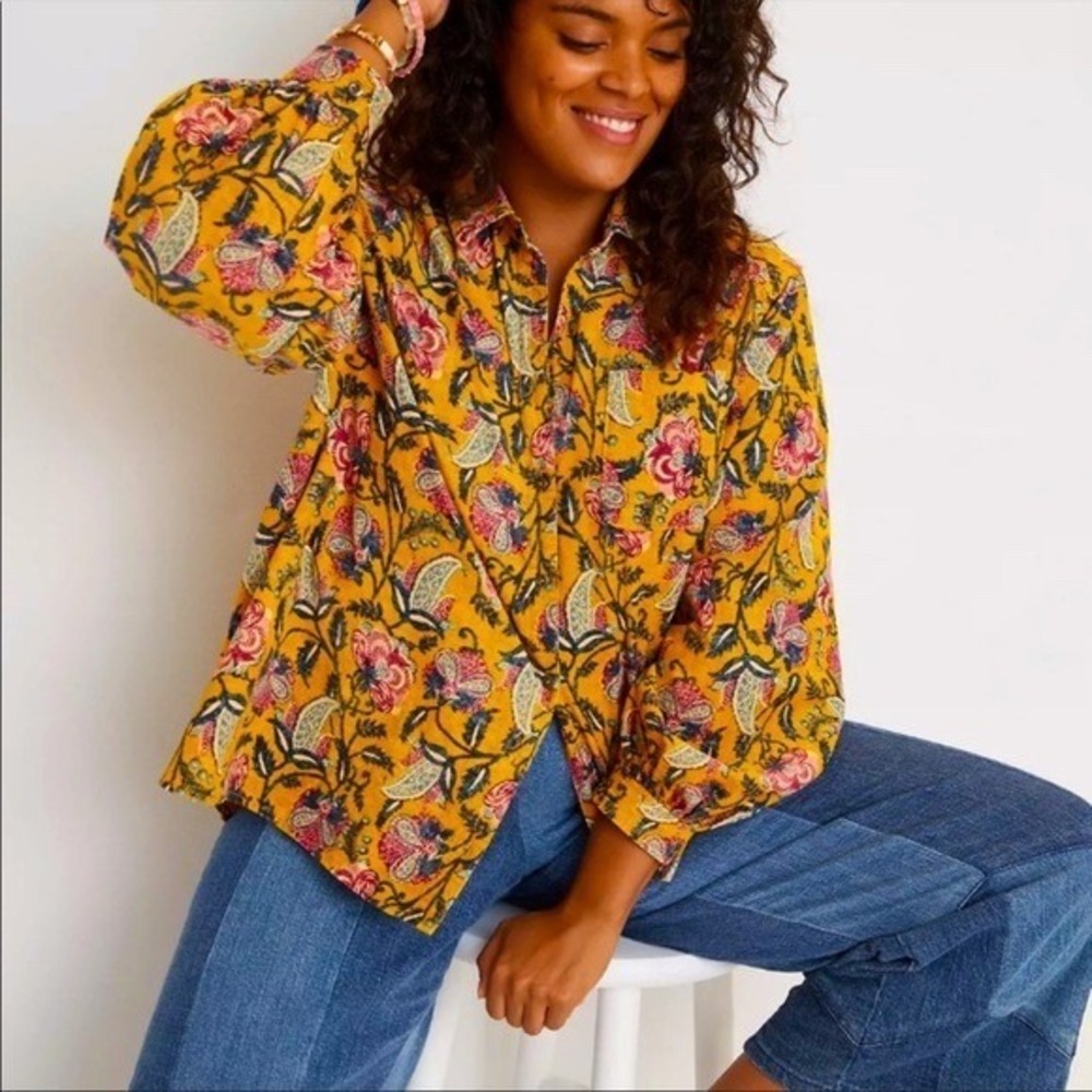 Pilcro Anthropologie Shirt Women M Yellow Floral Paisley Corduroy Button Down